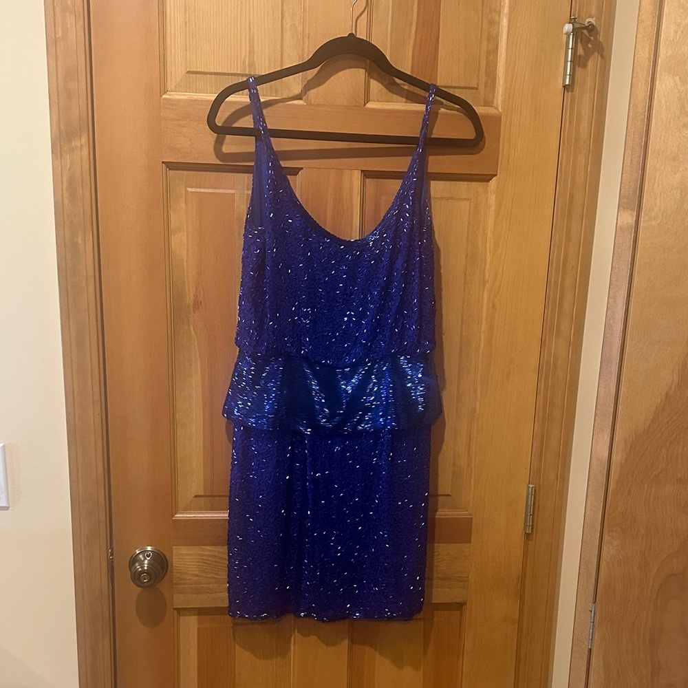 Oleg Cassini Black Tie Blue Beaded Silk Cocktail Size 8 Vintage Glam
